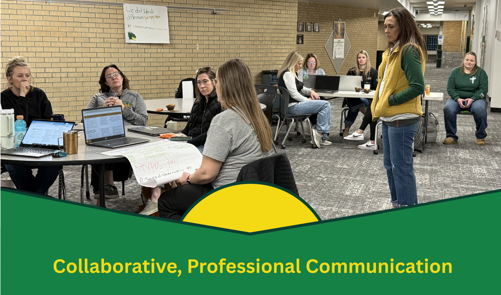 A group discussion in a classroom with open laptops and a green banner displaying the words "Collaborative, Professional Communication."